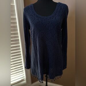 Lilly Pulitzer Navy Crochet Scoop Neck Pom-Hem Sweater